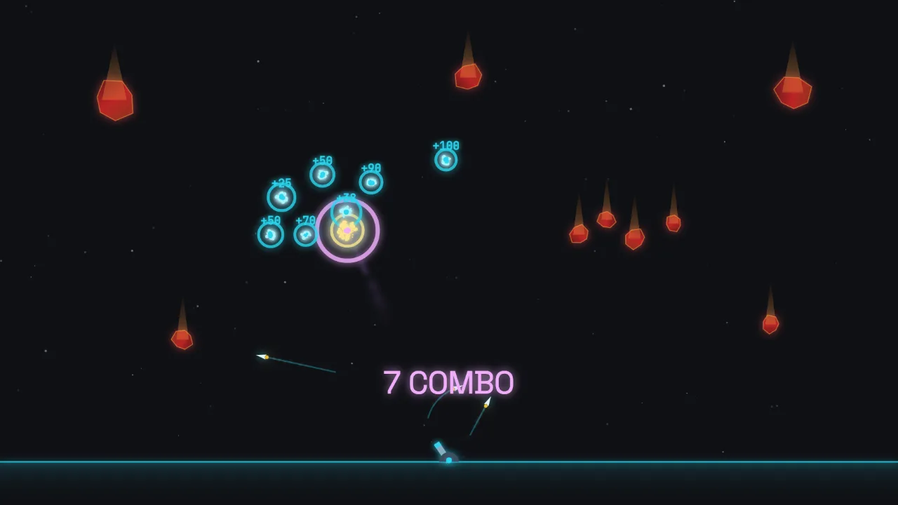 Meteor Defense gameplay — a charge shot wiping out a meteor cluster for a 7 COMBO